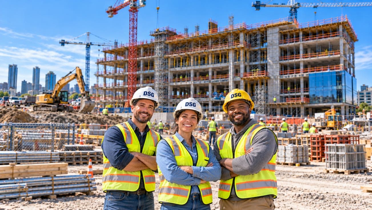 Three Deltacon team members in hard hats in front of a building under construction