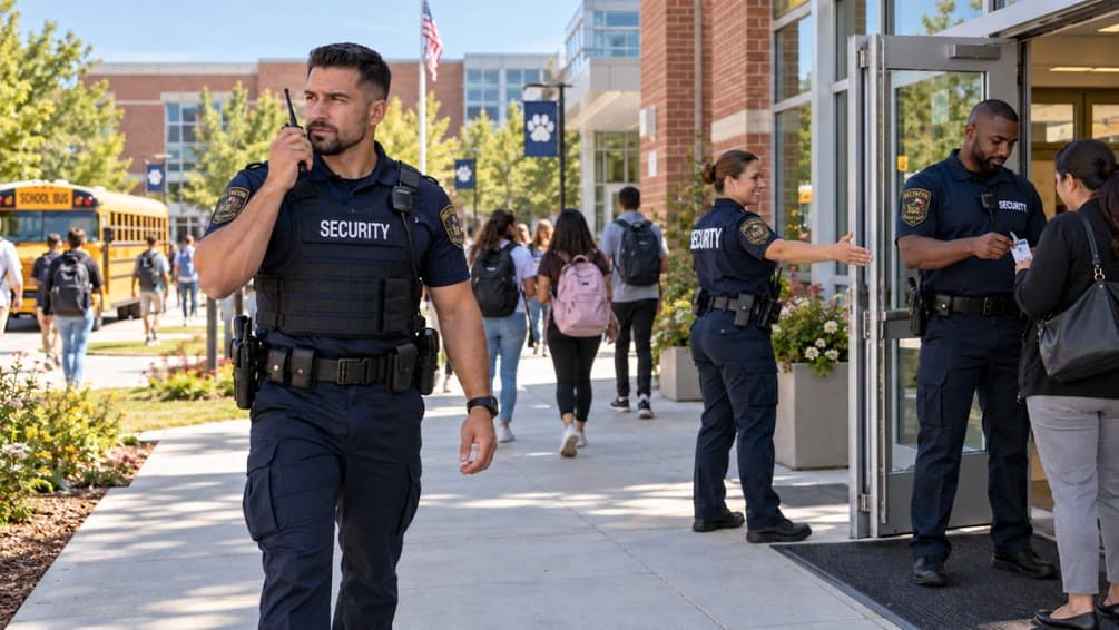 Security officers greeting students and visitors at a school entrance