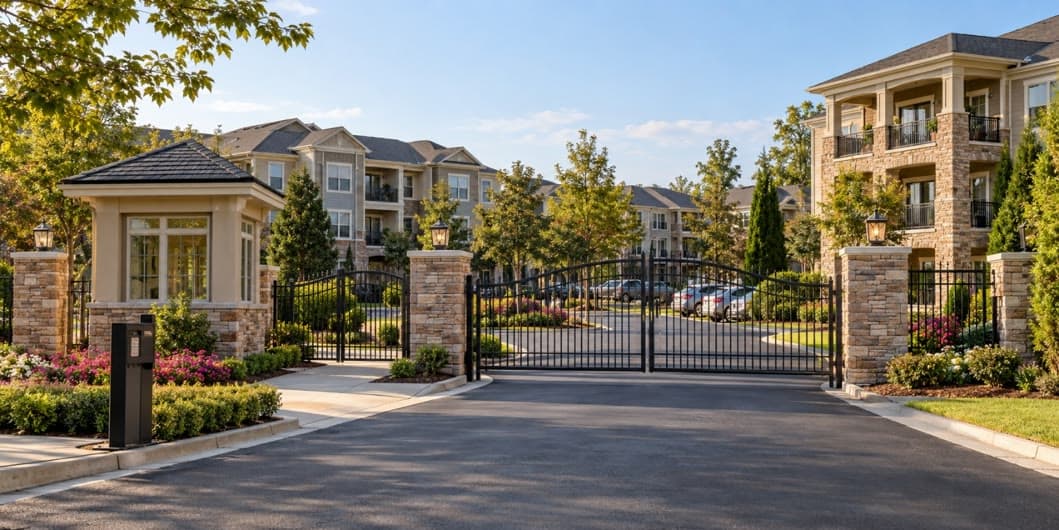 Gated apartment community with a guardhouse at the entrance